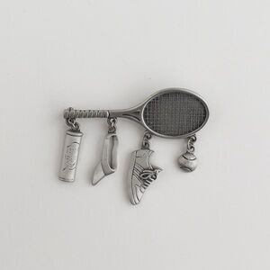 JJ Jonette Pewter Tennis Racket Tennis Ball Dangling Charms Pin Vintage Brooch